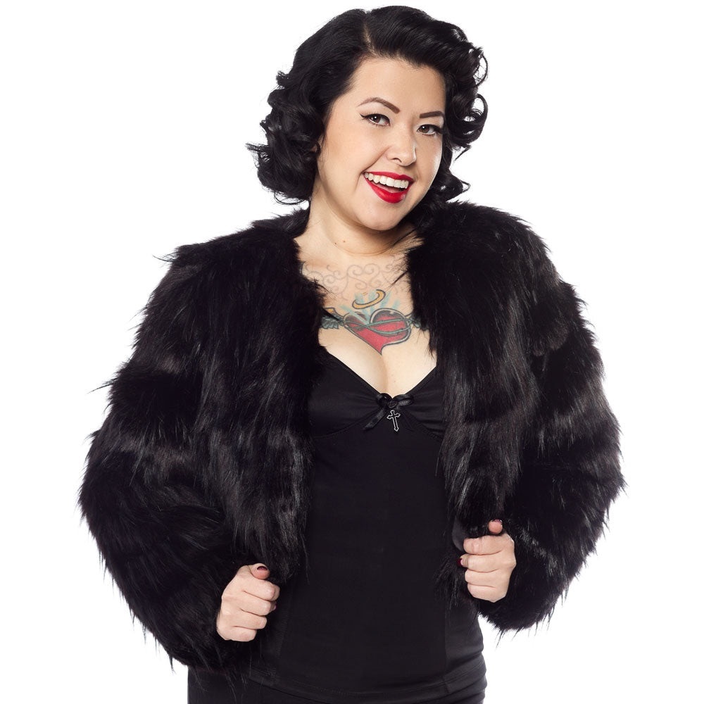 DISTURBIA Marla Black Faux Fur Cropped Jacket Large - Picture 2 of 7